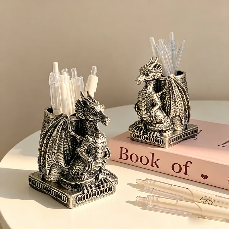 Vintage Dragon Resin Pen Holder Creative Desk Organizer Decor Gift for Boys Girls Back to School Office Desktop Storage Ornament