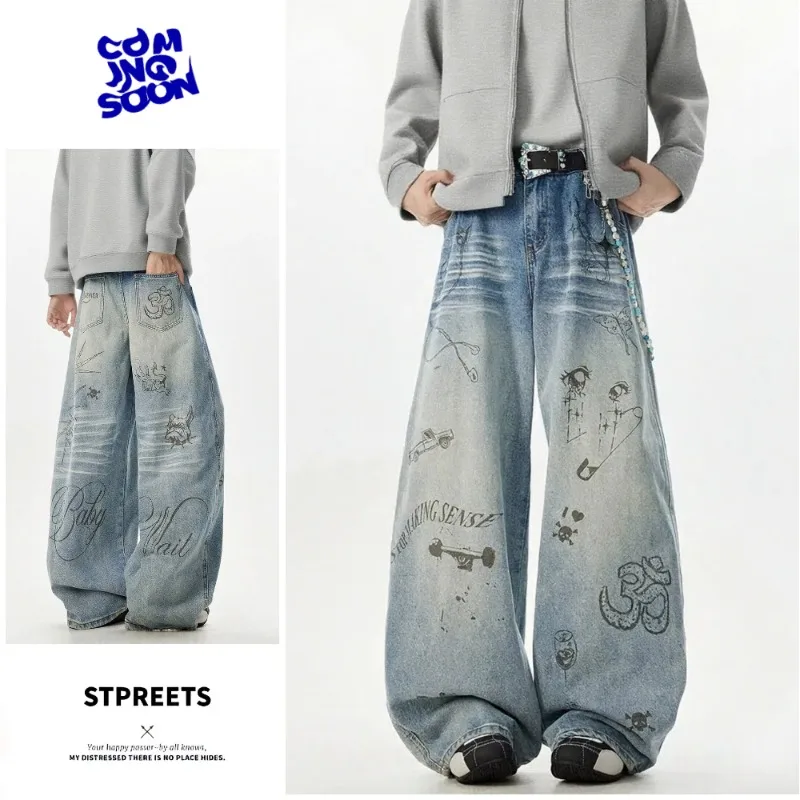 

American Men's Graffiti Jeans 2026 Spring Autumn Korea Fashion Pleated Design Autumn Male Wide Leg Male Trousers