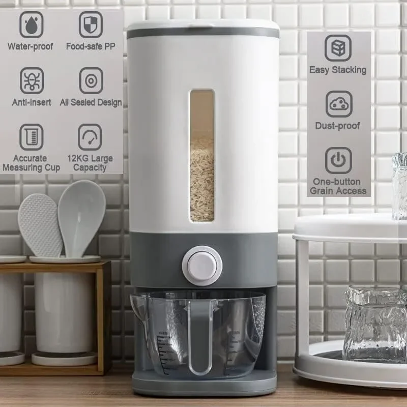 Cylinder Moisture Proof Household Cereal25 Lbs Rice Dispenser, Large Grain Container Storage with Lid Measuring