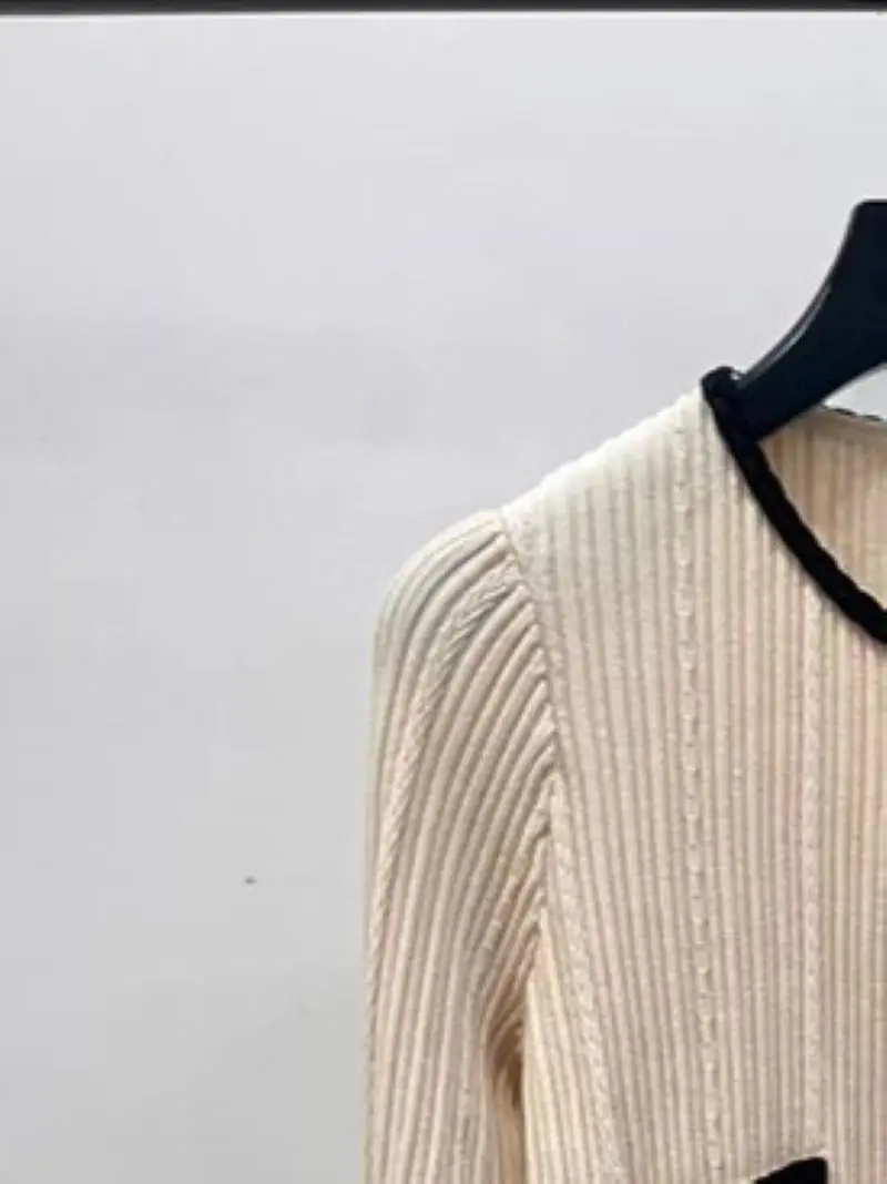 

Women Ribbed Cardigan Contrast Color O-Neck Long Sleeve Single Breasted Slim Casual Autumn 2024 Knitted Sweater