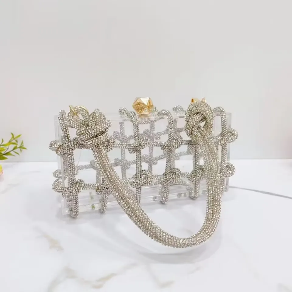 2023 Crystal-Embellished Rope Acrylic Clutch Rhinestones Evening Shoulder Bag Crystal women Luxury Clear Party Wedding Knot Bag