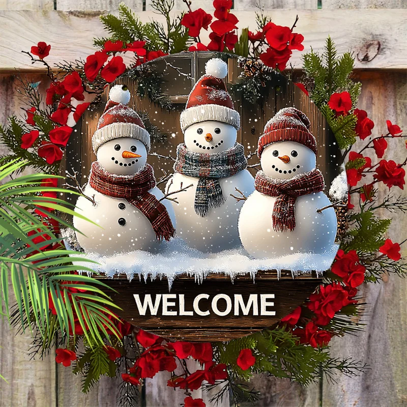 1pc Wooden Snowman Welcome Sign Wreath - Rustic 3D Holiday Wall Decor, Easy Hang, No Power Needed, Perfect for Home & Outdoor Us
