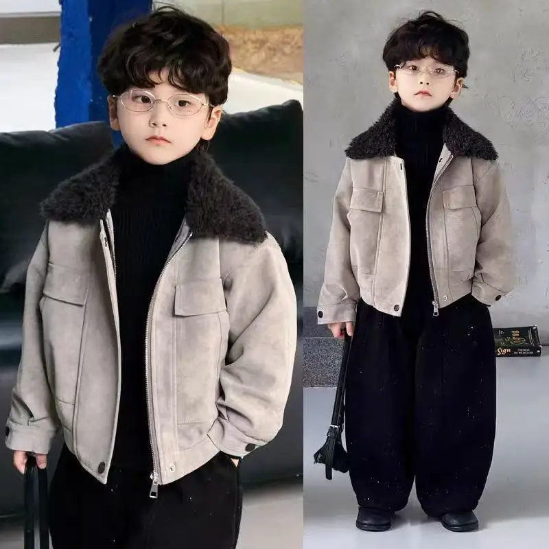 

Boys' Outerwear Children's Autumn and Winter New Item Fur Collar Retro Hong Kong style Jacket Boys' Plus Velvet Cotton Jacket