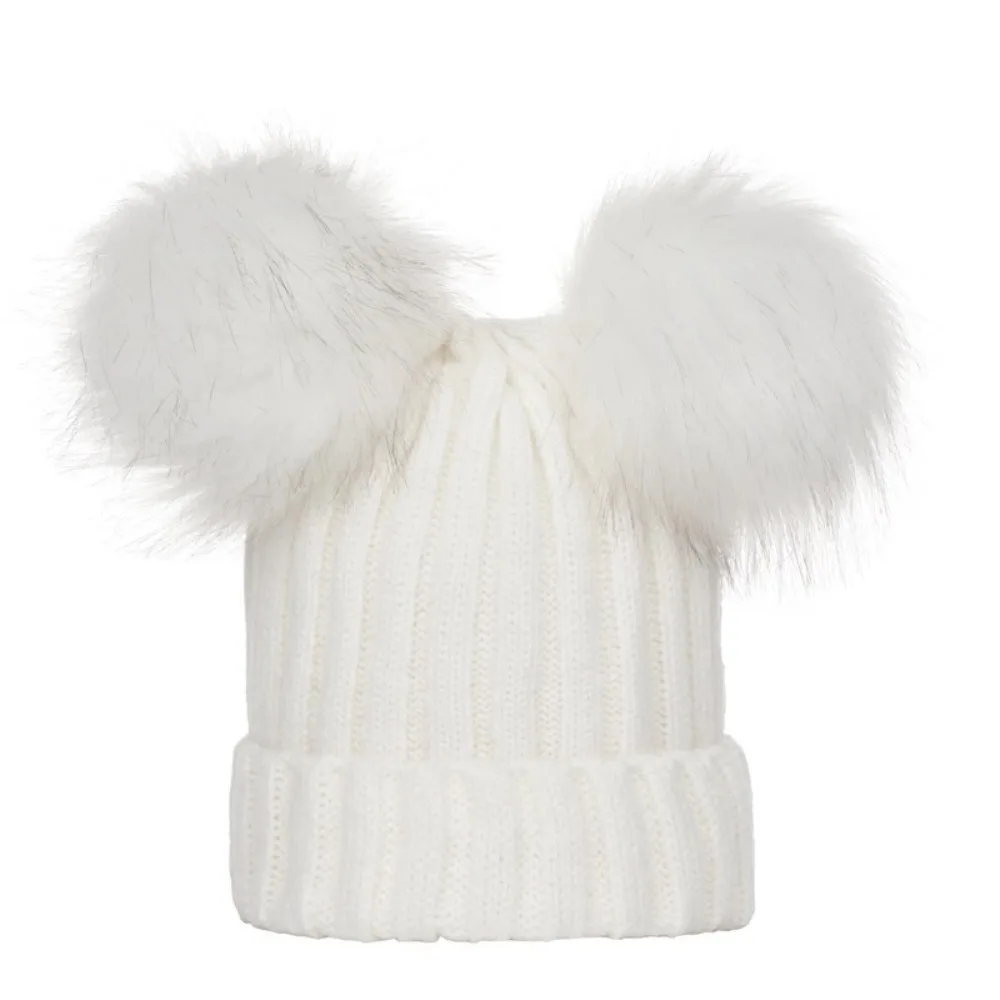 Comfortable Solid Color Baby Knitted Hat Faux Fur Ball Pompom Infant Beanie Warm Mother Pullover Cap Winter Autumn