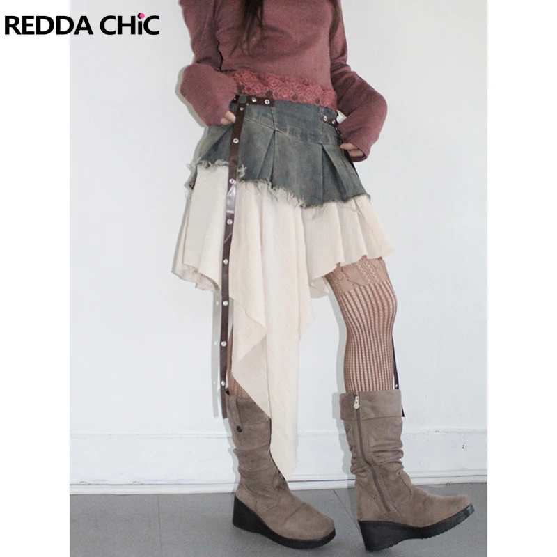 

ReddaChic Stitch Raw Edge Джинсовая плиссированная юбка Женская асимметричная струящаяся мини-юбка с высокой талией и рюшами в стиле пастушки Летние штаны в стиле ретро