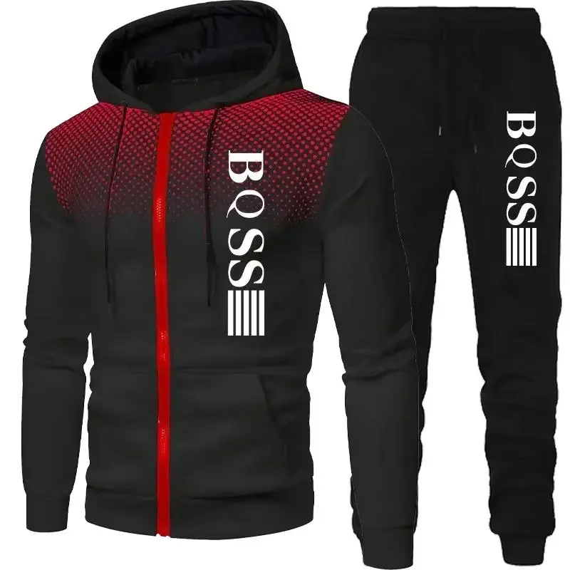 Spring/Autumn fashion printed wool zipper hooded sports cardigan Men's casual jogging blazer + trousers 2-piece set