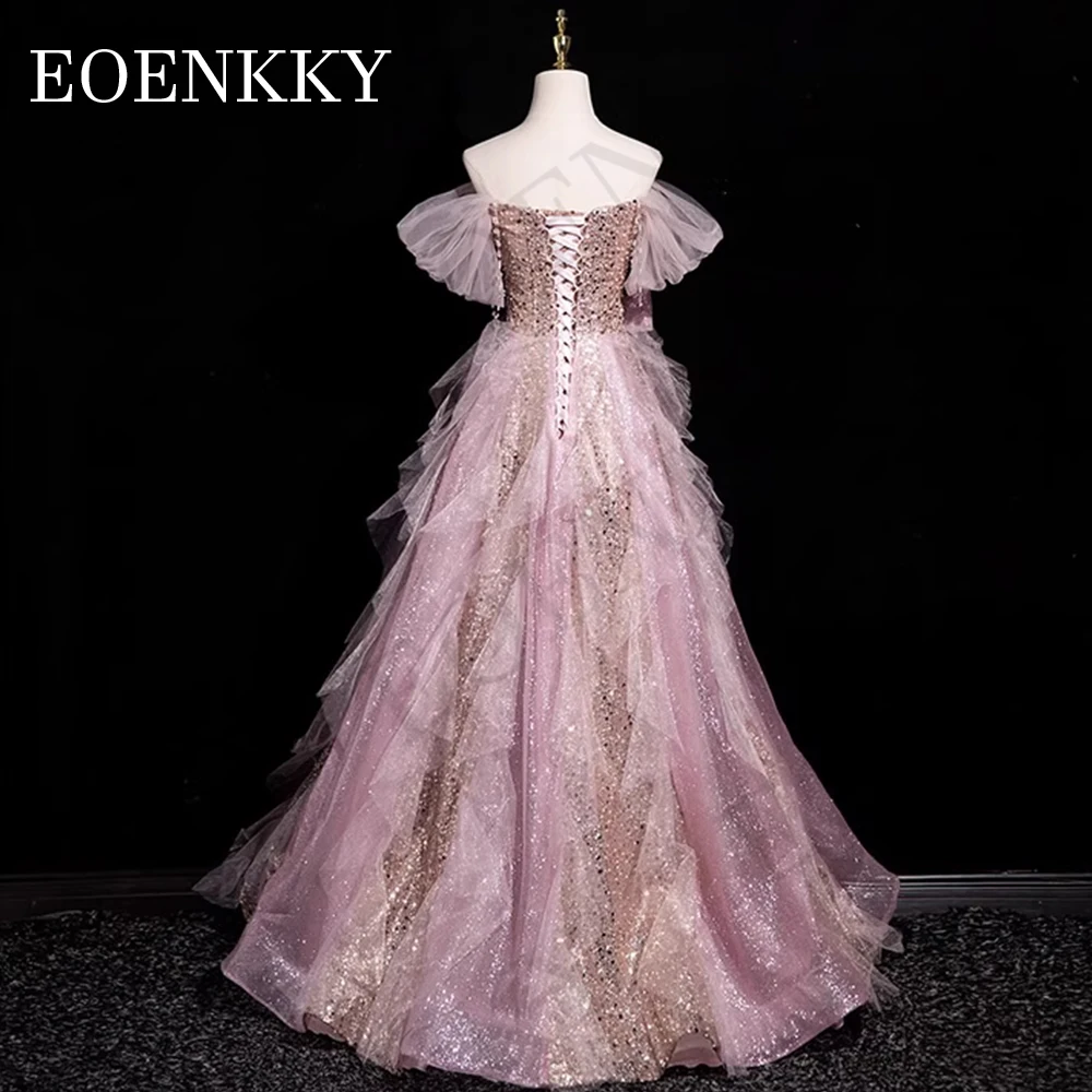 Luxury Sparkly Beading Prom Dresses 2024 Glitter Sequined Off The Shoulder A Line Wedding Guest Dress Pink vestidos de gala