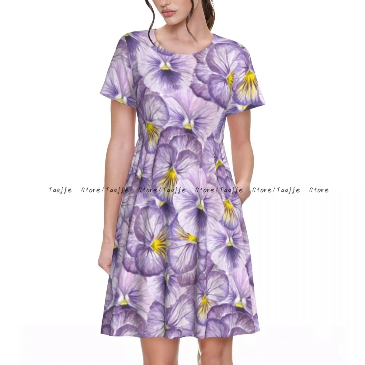 

Summer Women Dress Pansies Watercolor Casual Beach Holiday Short Sleeve Round Collar Woman Midi Dress