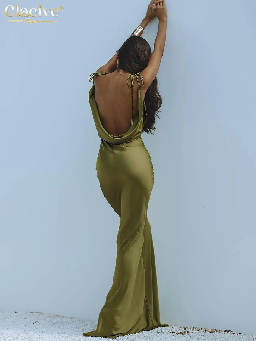 Clacive Sexy Slim abito da donna in raso verde cinturino estivo senza maniche abito alla caviglia elegante classico abiti da festa senza schienale