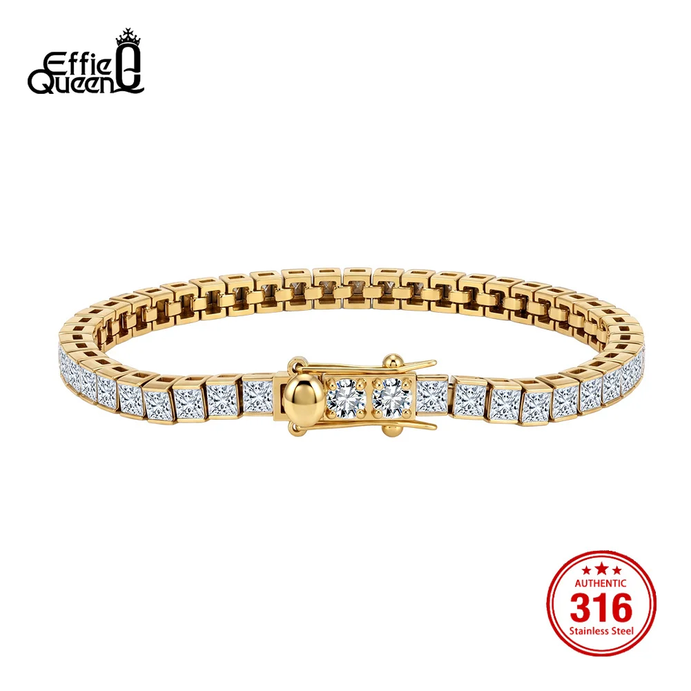 EFFIE QUEEN 316L Stainless Steel 3mm Width White Zircon Tennis Chain Bracelet for Women Men Waterproof Fashion Jewelry HTCB09