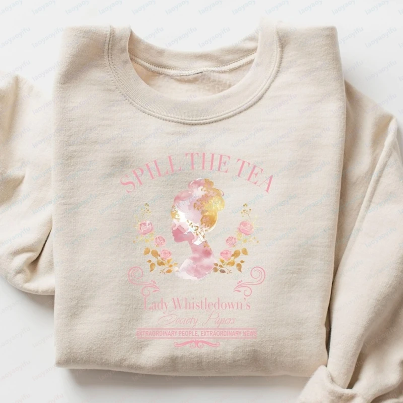 Spill The Tea Sweatshirt Lady Whistledown Langarm-Hoodie im Regency-Stil mit Vintage-Silhouette und floralem Gossip Society Papers-Motiv