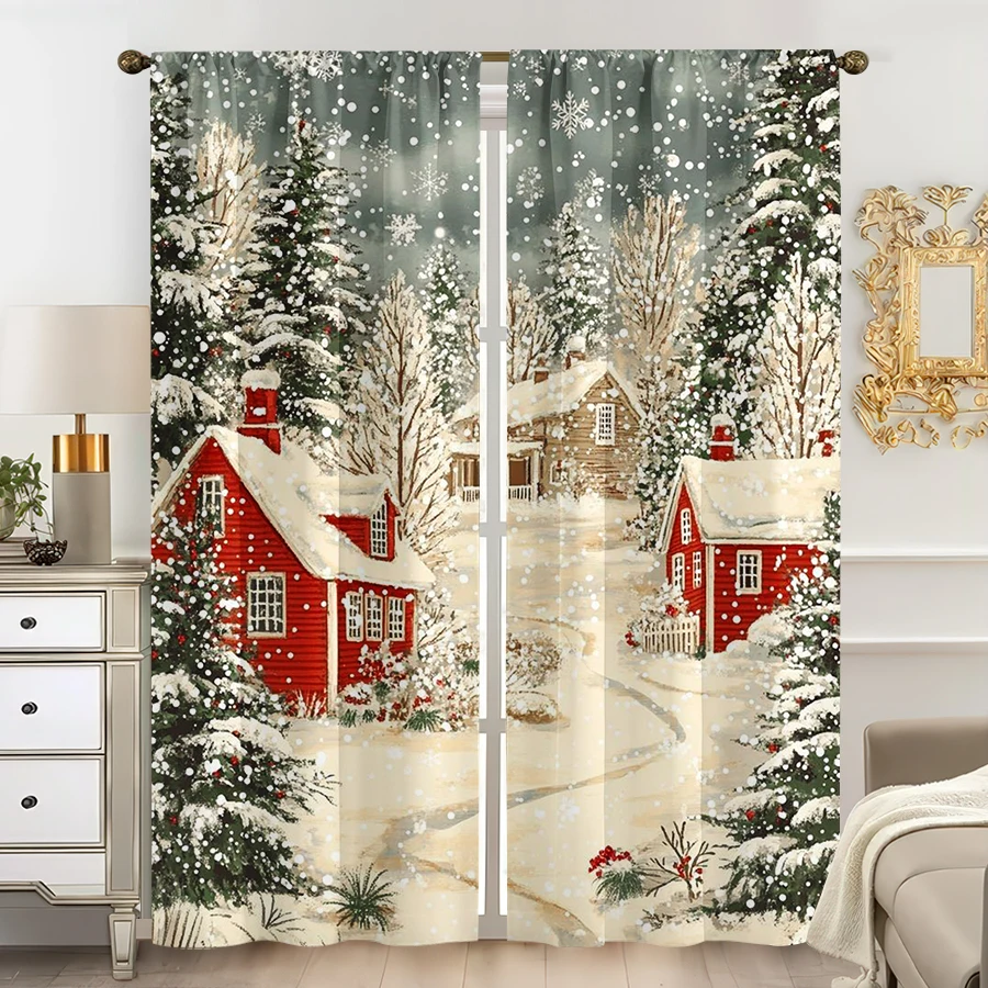2PCS Digital Print Curtain, Christmas Snow Village with Red Cabins and Snowy Trees, Falling Snow, Cozy Winter, for Bedroom Decor