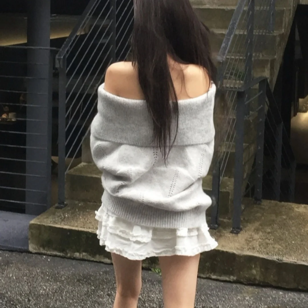 Maglieria da donna coreana Sle Chic scava fuori una spalla lunga Sve taglio dritto pendolarismo Sle Casual autunno inverno Top