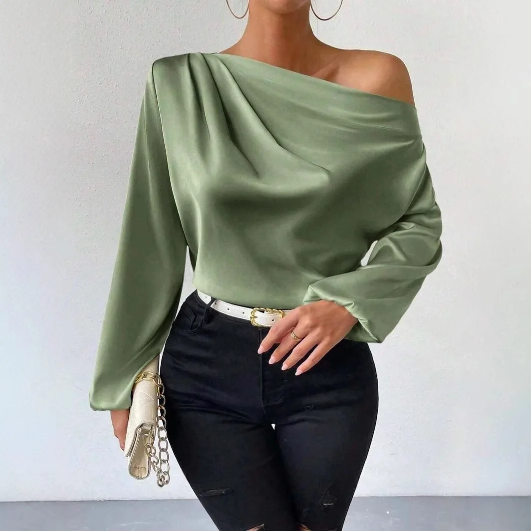 

Women's Shirt 2025 Spring/Summer Off Shoulder Long Sleeve T-shirt Women Sleek Top Blusas Femininas Elegantes Blusa Seda Feminina
