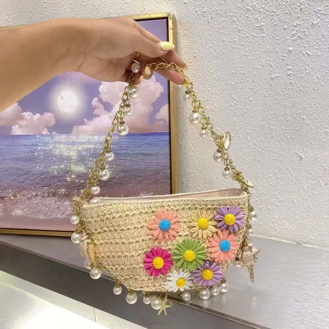 Beads Beading Chain Women Handbag Fashion Floral Straw Woven Handmade Half Moon Bag Holiday Vacation Beach Bag Crossbody Bag