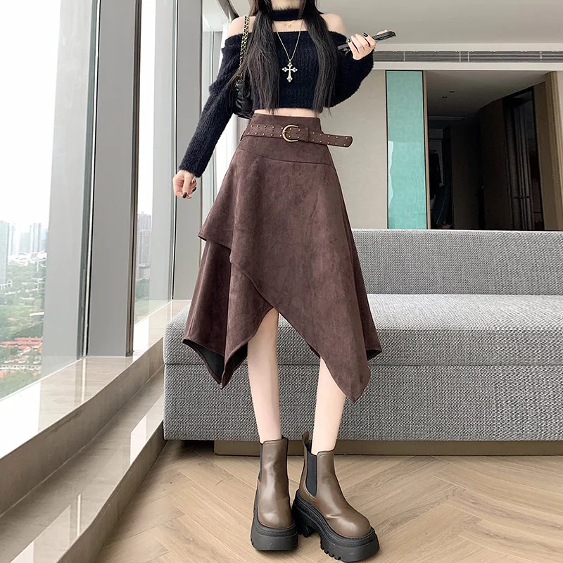Retro Beauty Half-length Asymmetrical Suede Skirt High-waist A-line Short Skirt for Women Fall 2026 New Korean Style Polyeste...