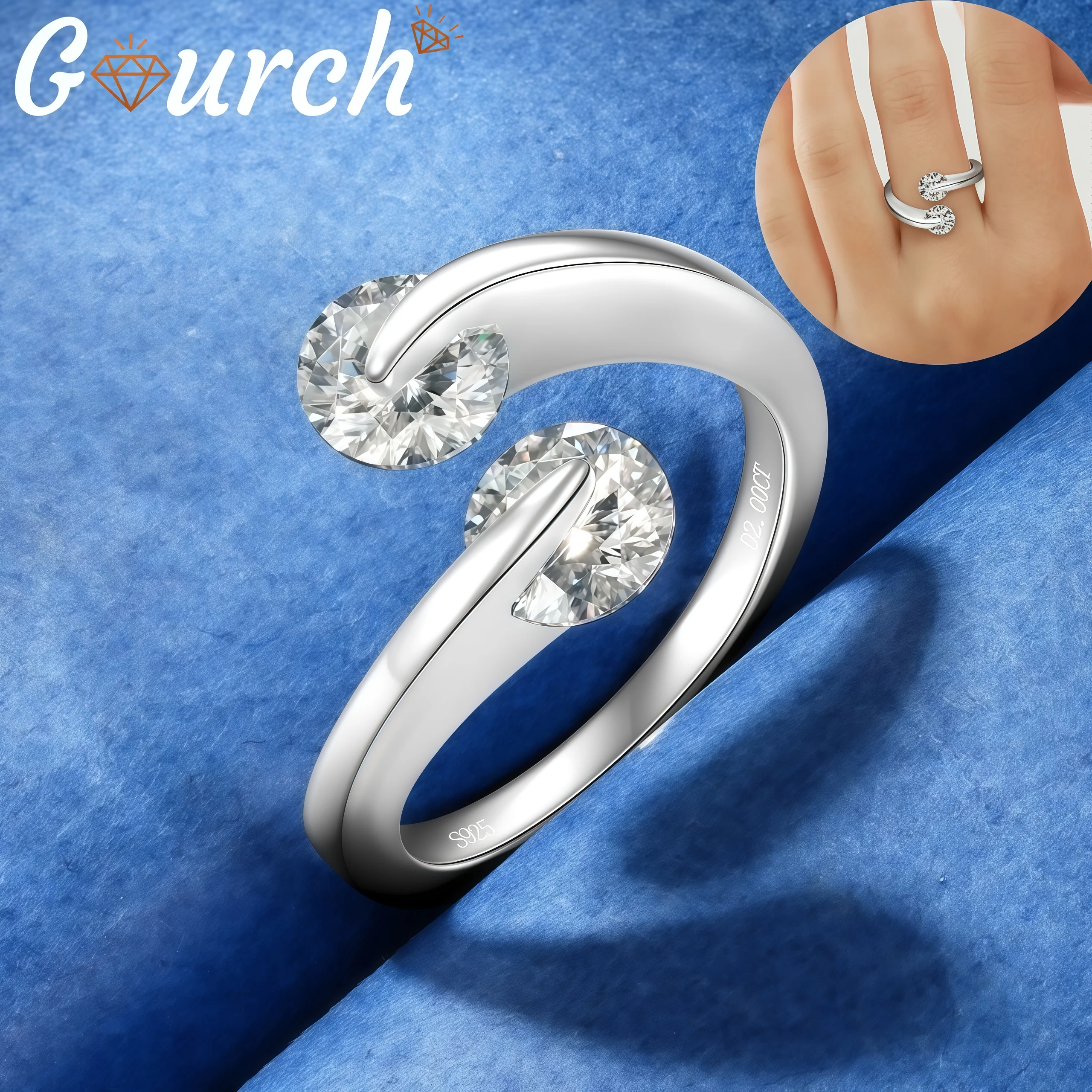 

Grouch D VVS1 2CT Sweet Double Moissanite Open Ring 925 Sterling Silver for Women Sparkling Adjustable Light Luxury Elegant Gift