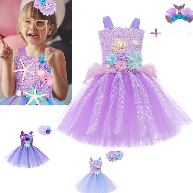 Kids Girls Princess Dresses Cosplay Little Mermaid  Children Fancy Dress Up Party Birthday Tutu Costume Outfit Headband