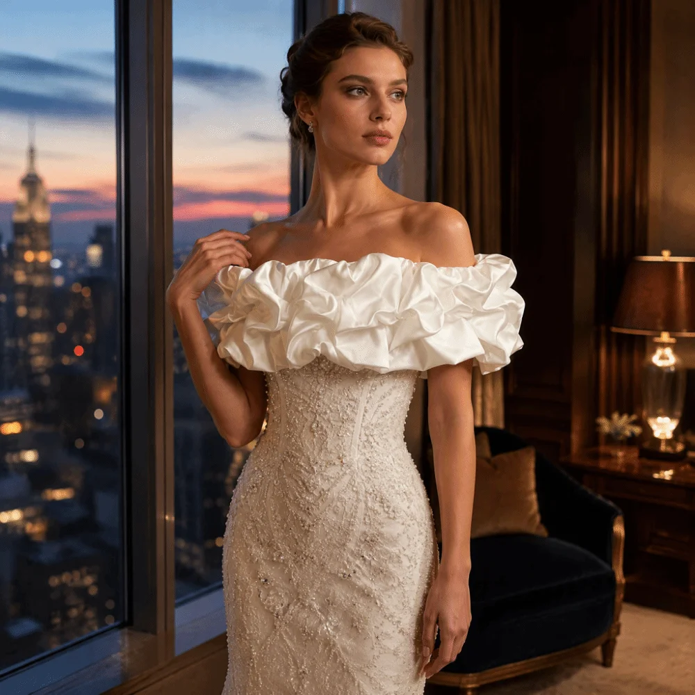 New Detachable Satin Ruffle Shawl Elastic Elegant Satin Bridal Shawl Pleated Bubble Sleeves Boat Neck Cape Evening Event