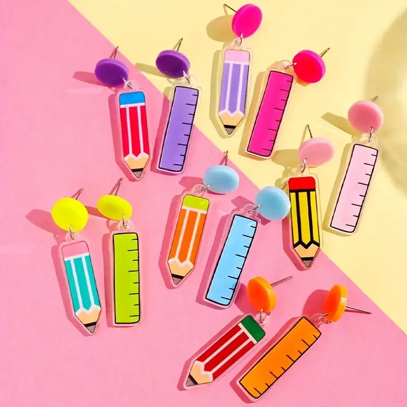 Cute and Preppy Acrylic Pencil Ruler Earrings - Perfect for Graduation, Back to School, Teacher'S Day, and All Occasions