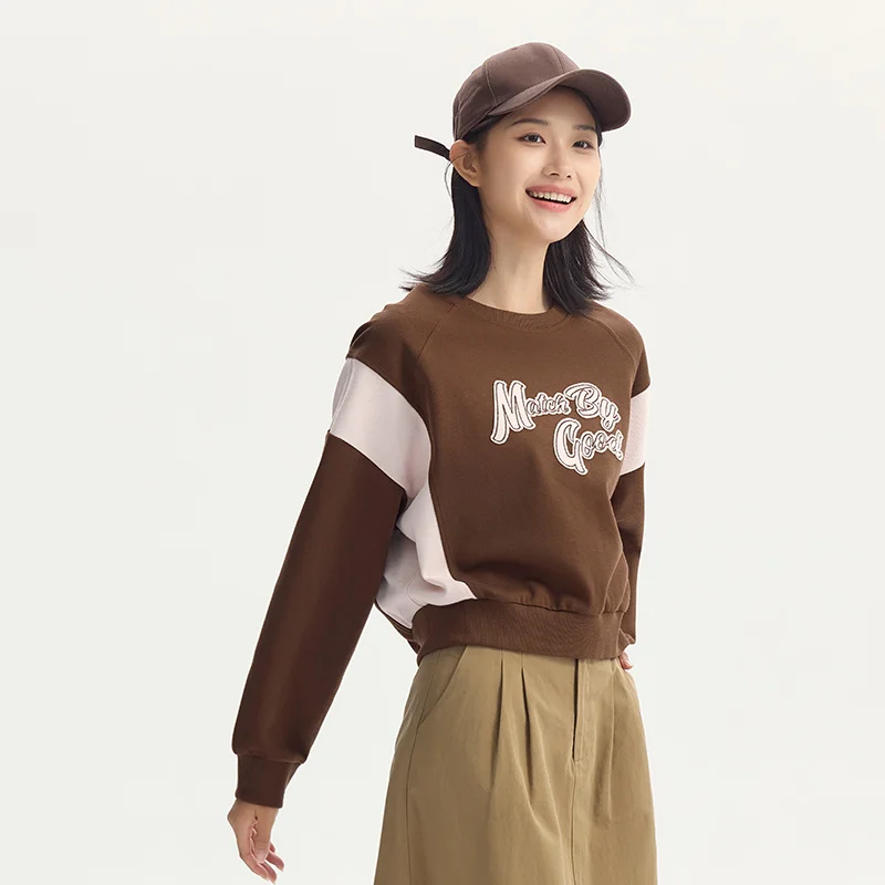 Semir Sweatshirt Women Short Oversize Letter Embroidery Fashion Pullover Autumn Round Neck Color-Blocking Retro Clothes