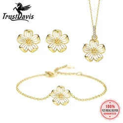 Trustdavis Real 925 Silver Daisy Flower Necklaces Bracelet Stud Earring for Women Daily Wear Jewelry Gift LB090