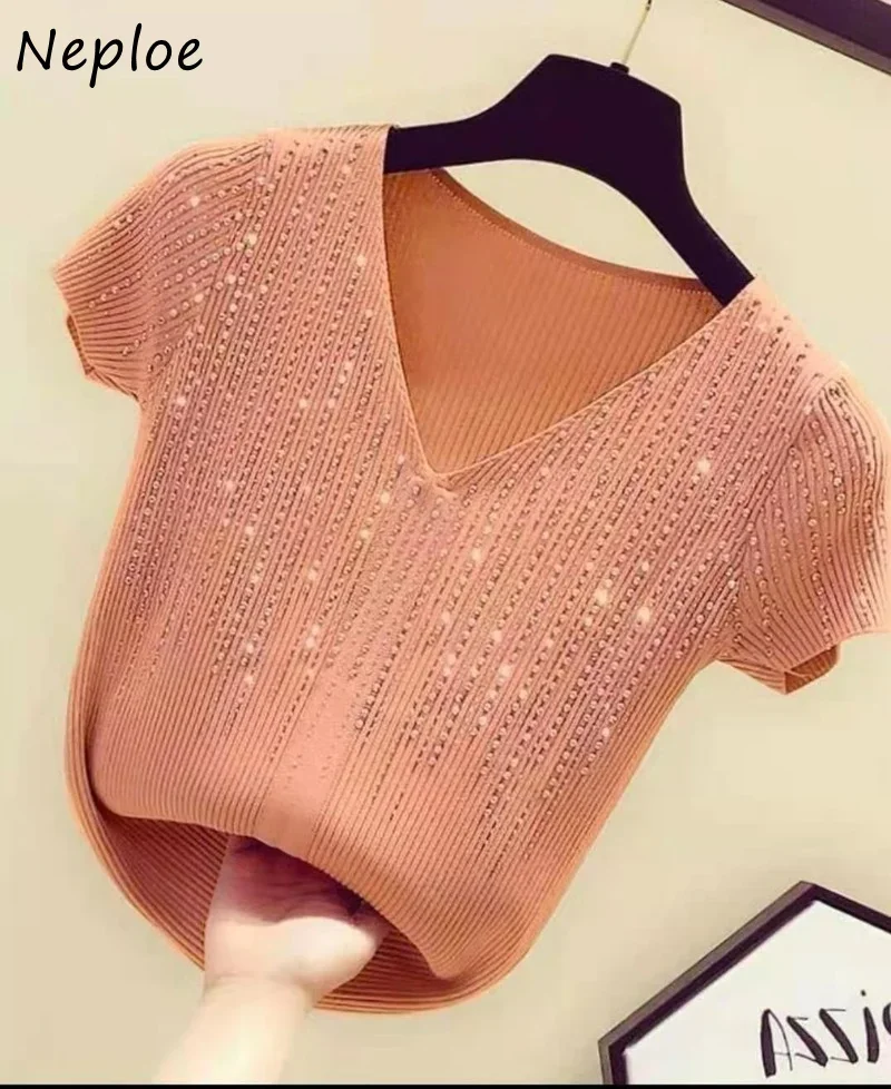 Neploe Rhinestone Knitting V-neck Womans Tops Short Sleeve Pullover Sweater Women 2024 Summer New Sexy Cropped Top T-shirts