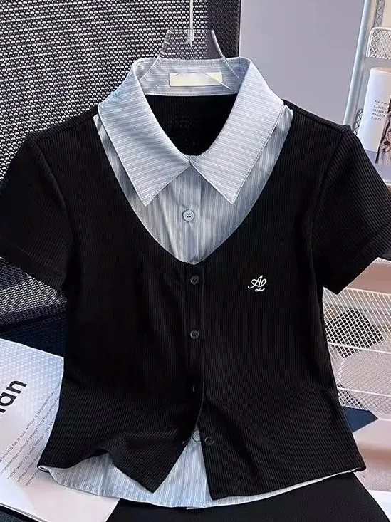 スリムフィットまたはスベイート レディース サマーデザイン ショルダーパッド入り フェイクツーピース スタイル 韓国風 通勤 スタイル カラー