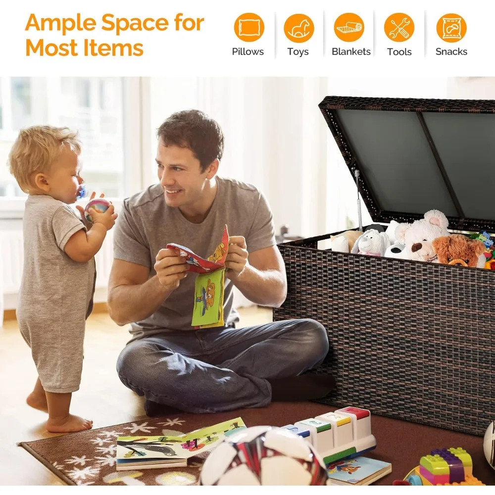 Upgraded Version 132 Gallon Outdoor Storage Box, Patio Rattan Deck Box, Wicker Storage Bench for Indoor, Outdoor, Pool, Balcony