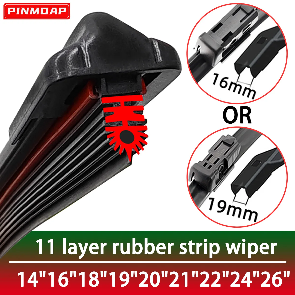 PINMOAP Car Wiper Blade 11 Layer Natural Rubber Strip Windshield Wiper Blade 14"16"17"18"19"20"21"22"24"26"Low Noise Wiper Blade