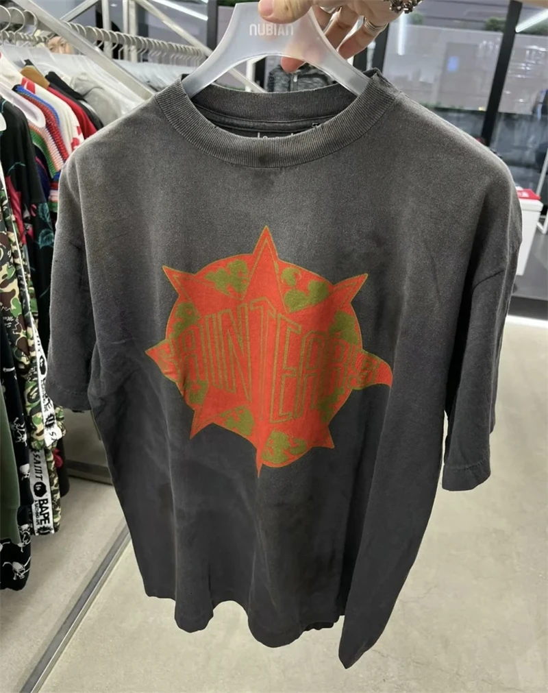 High Quality SAINT DT Printed Washed Casual Vintage Short Sleeved Street Casual Loose Cotton Round Neck T-shirt For Men Trendy