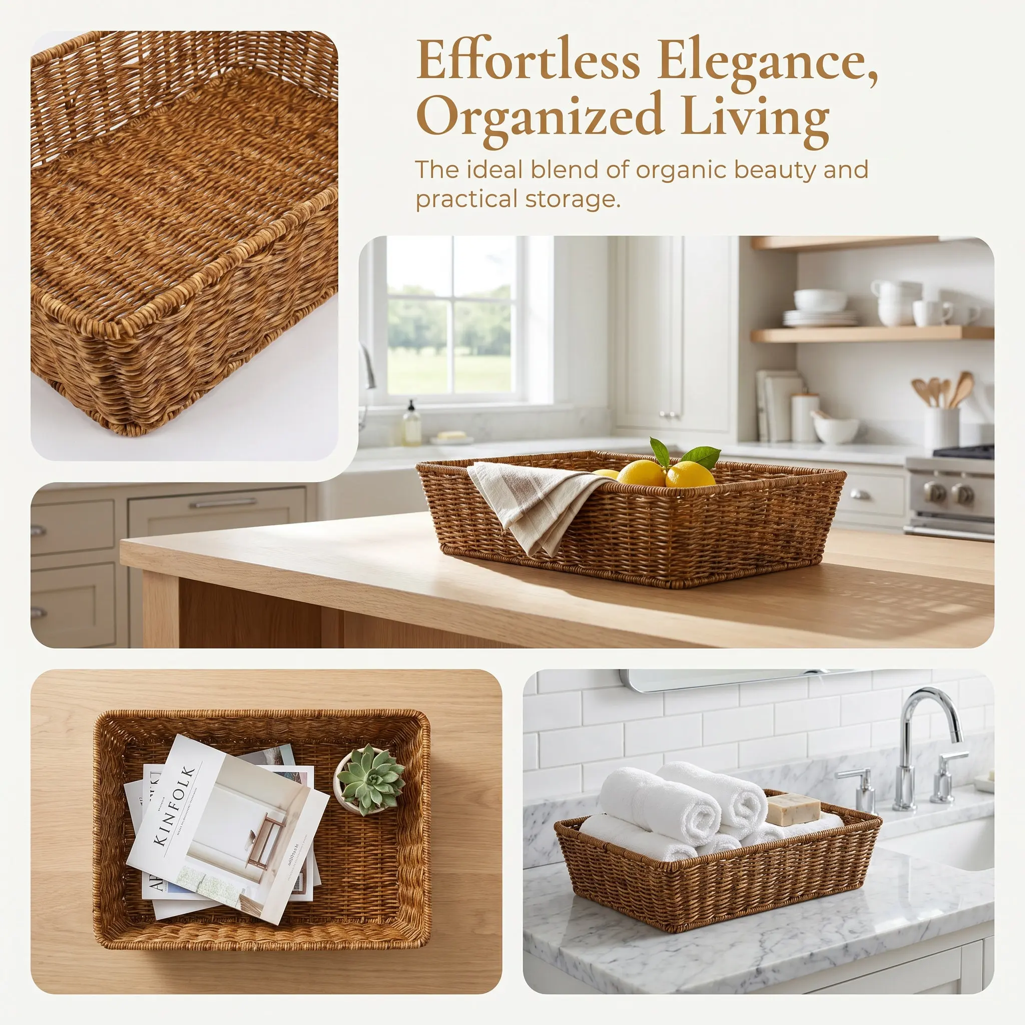 Woven Imitation Rattan Storage Basket Sturdy PP Iron Material Book Organizer Kitchen Living Room Hotel Decor Sundry Food Holder