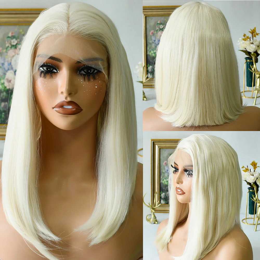 화이트 가발 13x4 스트레이트 레이스 프론트 가발 10인치 숏 보브 레이스 프론탈 가발 글루리스 고품질 내열성 섬유 데일리 착용