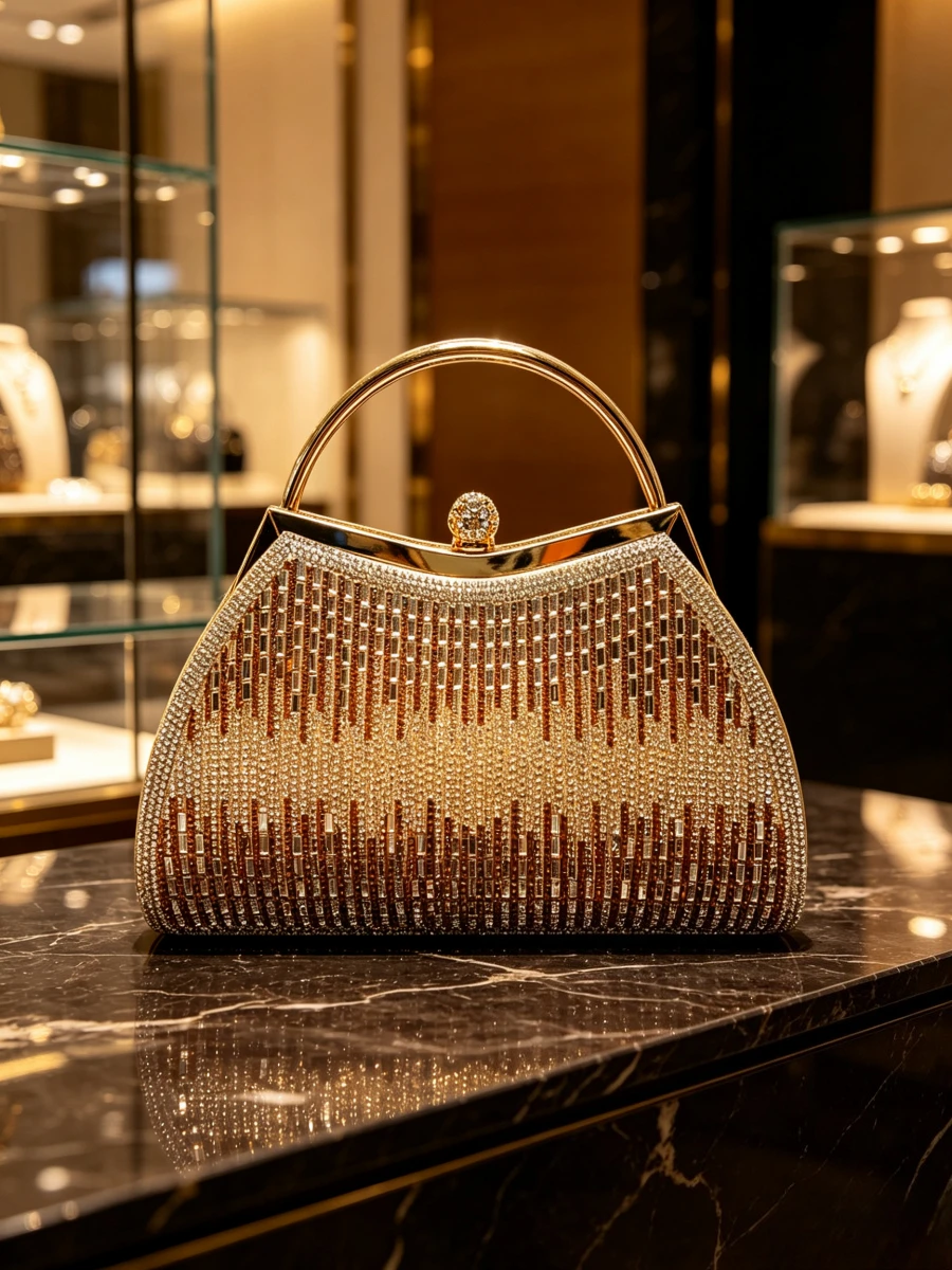 Gradient Gold Brown Vertical Baguette Rhinestone Fan Gold Ring Handle Clutch Luxury Heavy High-end Evening Purse Mature Women