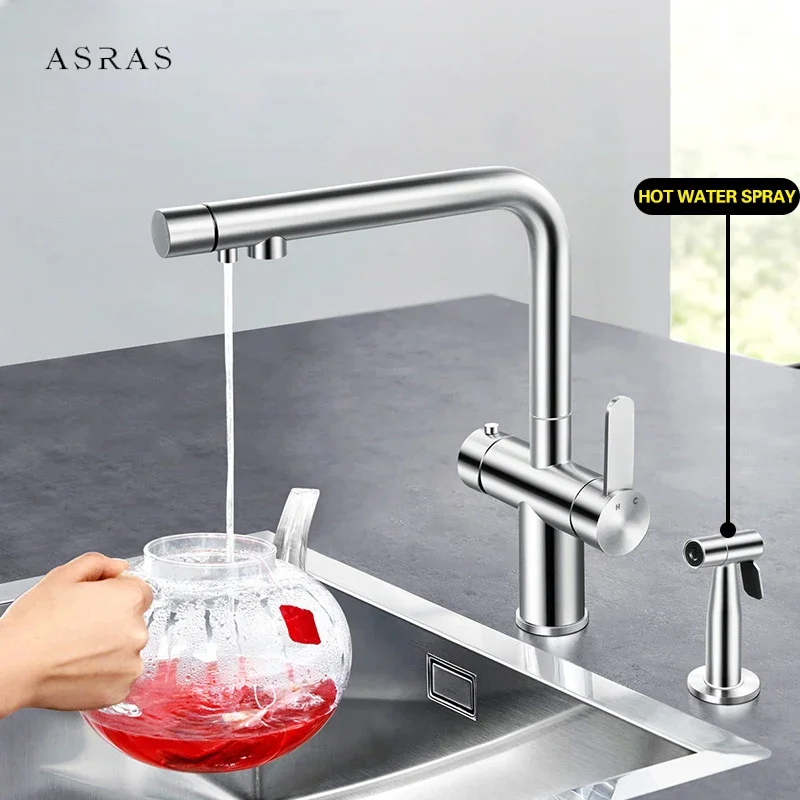 ASRAS Brushed Kitchen Faucet 304 Stainless Steel Hot And Cold Water Filter Drinking Water With Hot Water Spray Gun 3 In 1 Faucet