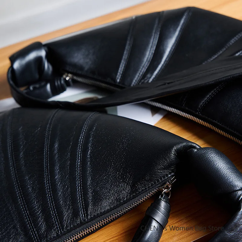 حقيبة يد نسائية من جلد الخراف الأصلي حقيبة كرواسون عصرية متعددة الاستخدامات باللون الأسود الناعم حقائب كتف على الصدر عبر الجسم #5