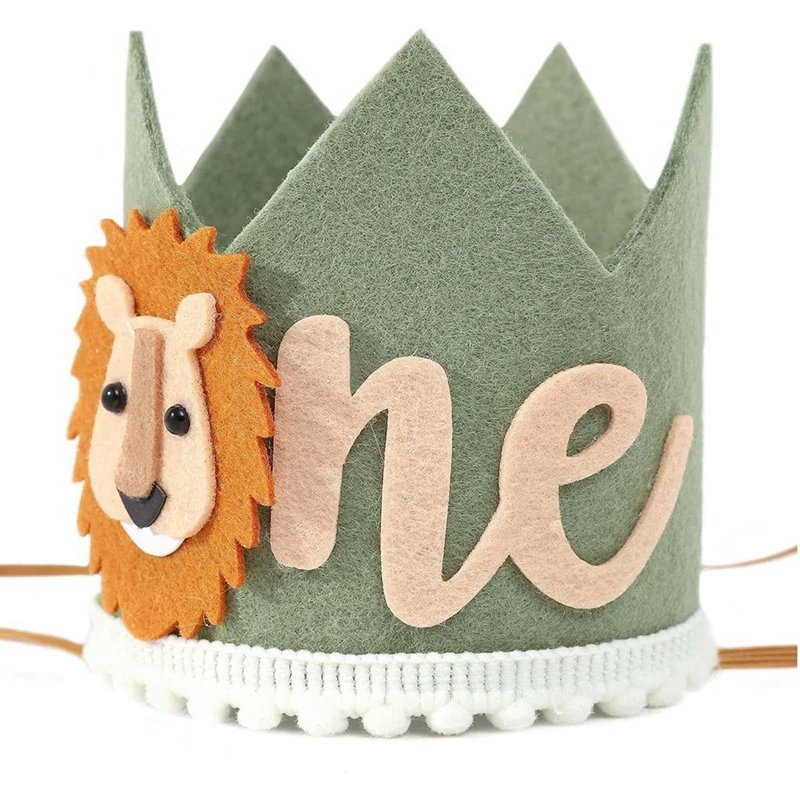 M16K-1 Year Old Kids Avocado Green Lion Birthday Crown First Baby Party White Non Woven Safari