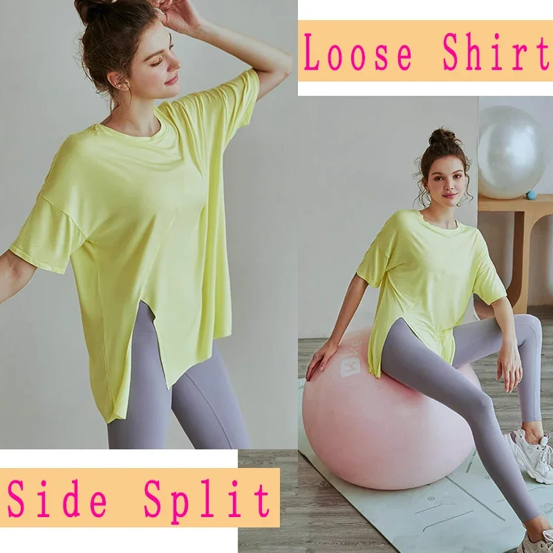 PofyBofy Side Split Loose U Neck Elastic Breathable Women Summer Short Sleeve T-shirt Fitness Yoga Pilates Gym Causal Sport Top