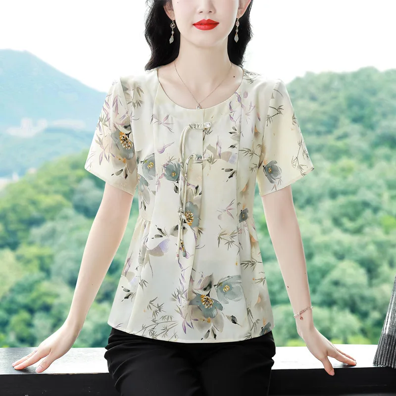 Summer Fashion Floral Print O-neck Short Sleeve Blouses Women Casual Loose Bandage Chiffon Shirts Elegant Chic Tops M-4XL