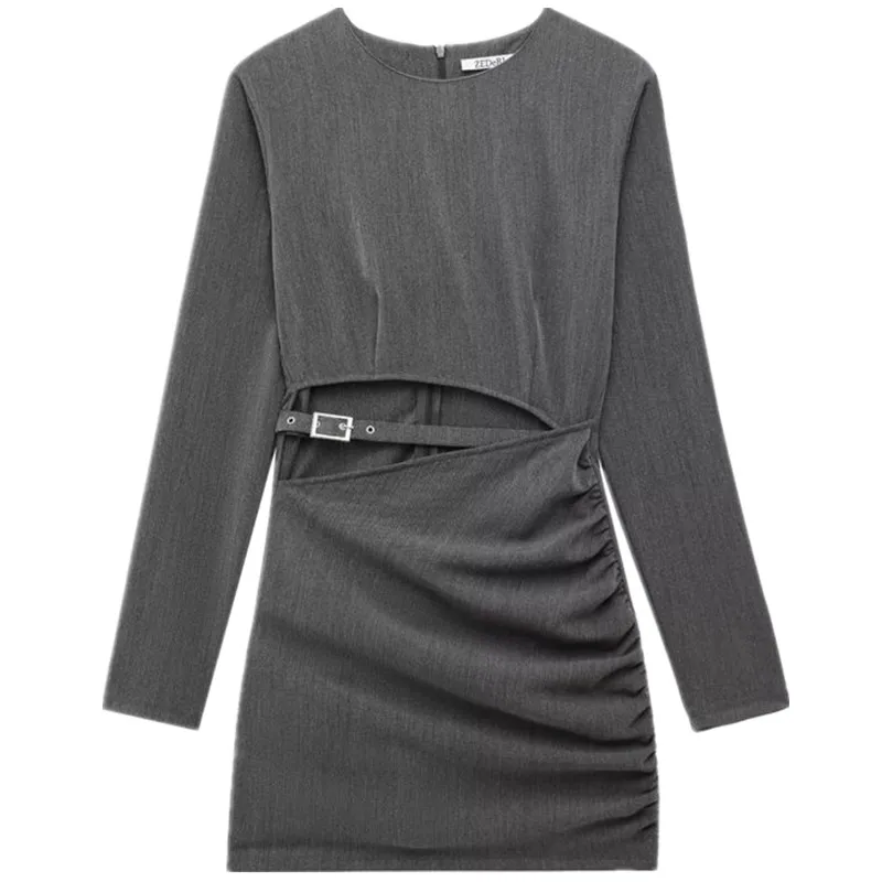 فستان قصير نسائي بتصميم نحيف لفصل الربيع 2025، وصول جديد، تصميم مفتوح مع تفاصيل حزام، أسلوب مناسب للتنقل، أكمام طويلة، مصنوع ...