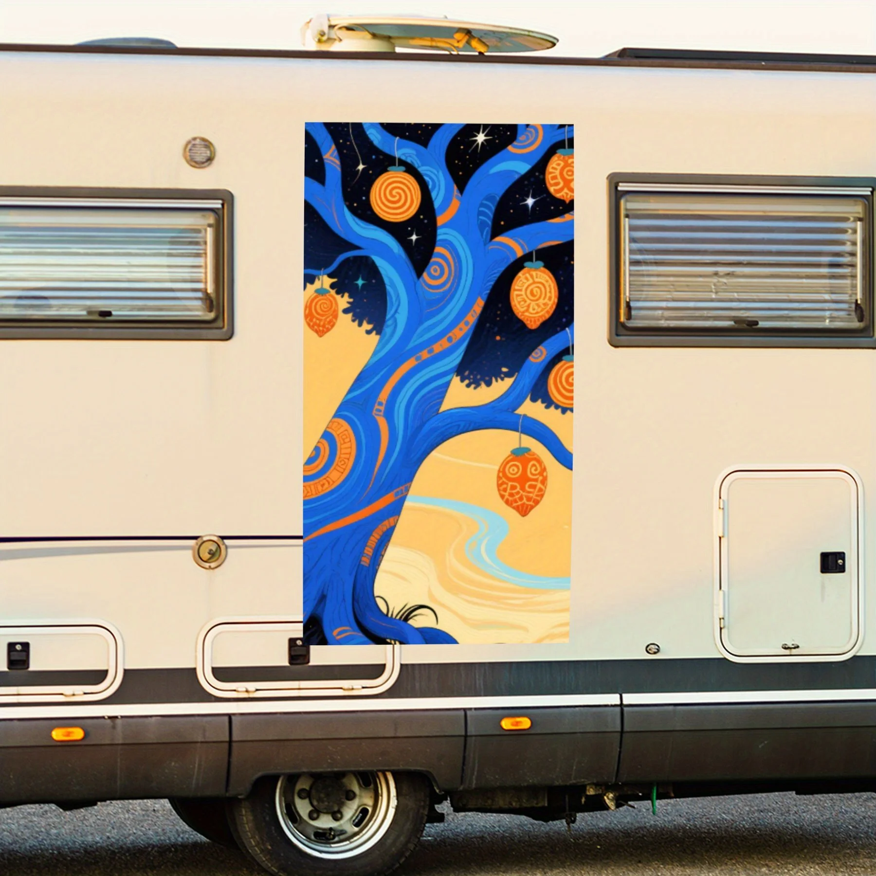 

Синее дерево с декоративными фруктами, автомобильная наклейка, виниловая наклейка на сторону моторики дома, водонепроницаемая самоклеящаяся виниловая наклейка o