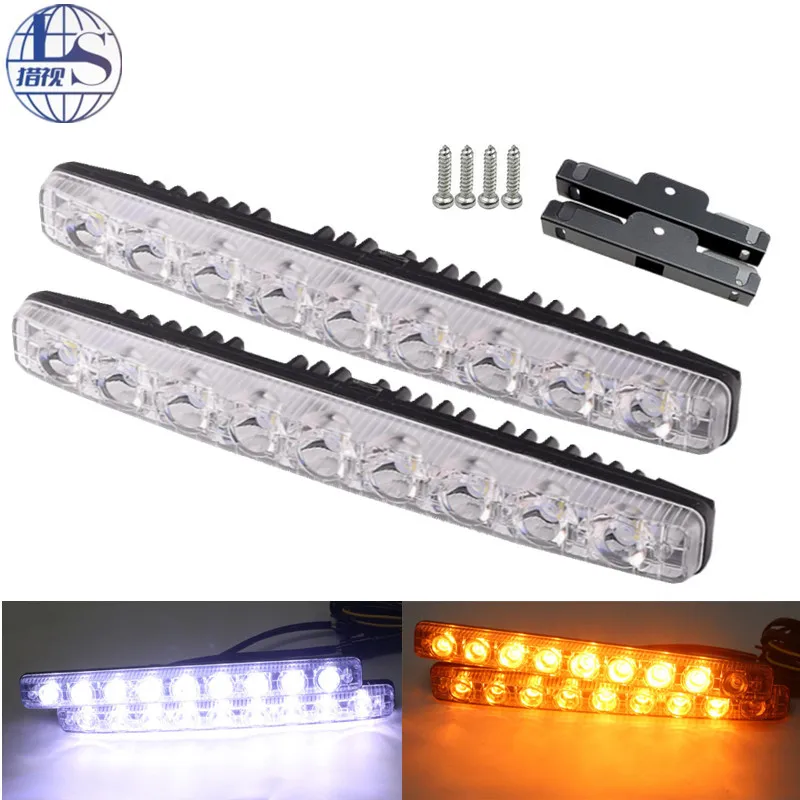 2 pz DRL LED Daytime Running Light doppio colore luce bianco/ambra che scorre 6/9 LED indicatore di direzione DC 12V