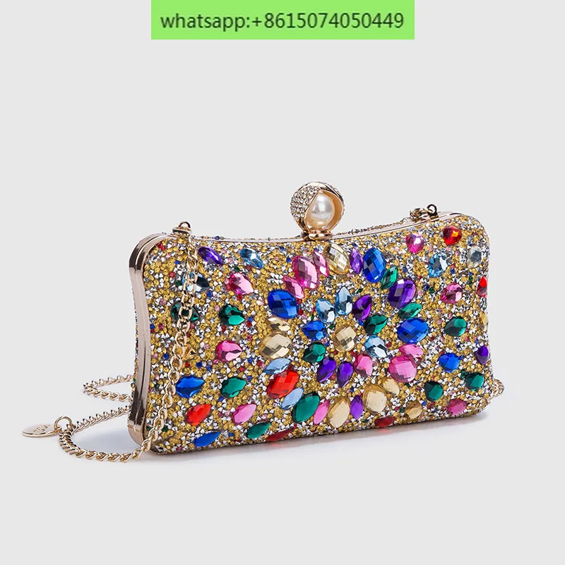 Colorful Diamond Banquet Bag Women's 2023 Mouth Gold Bag Fashion Banquet Chain Single Shoulder Crossbody Bag