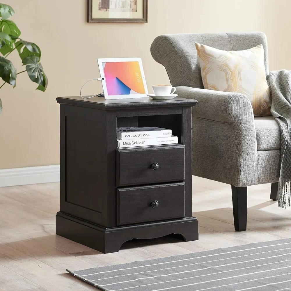 Nightstand with Charging Station, Wood Sofa Side Table with 2 Storage Shelf Drawers, 18 Inch Nightstand