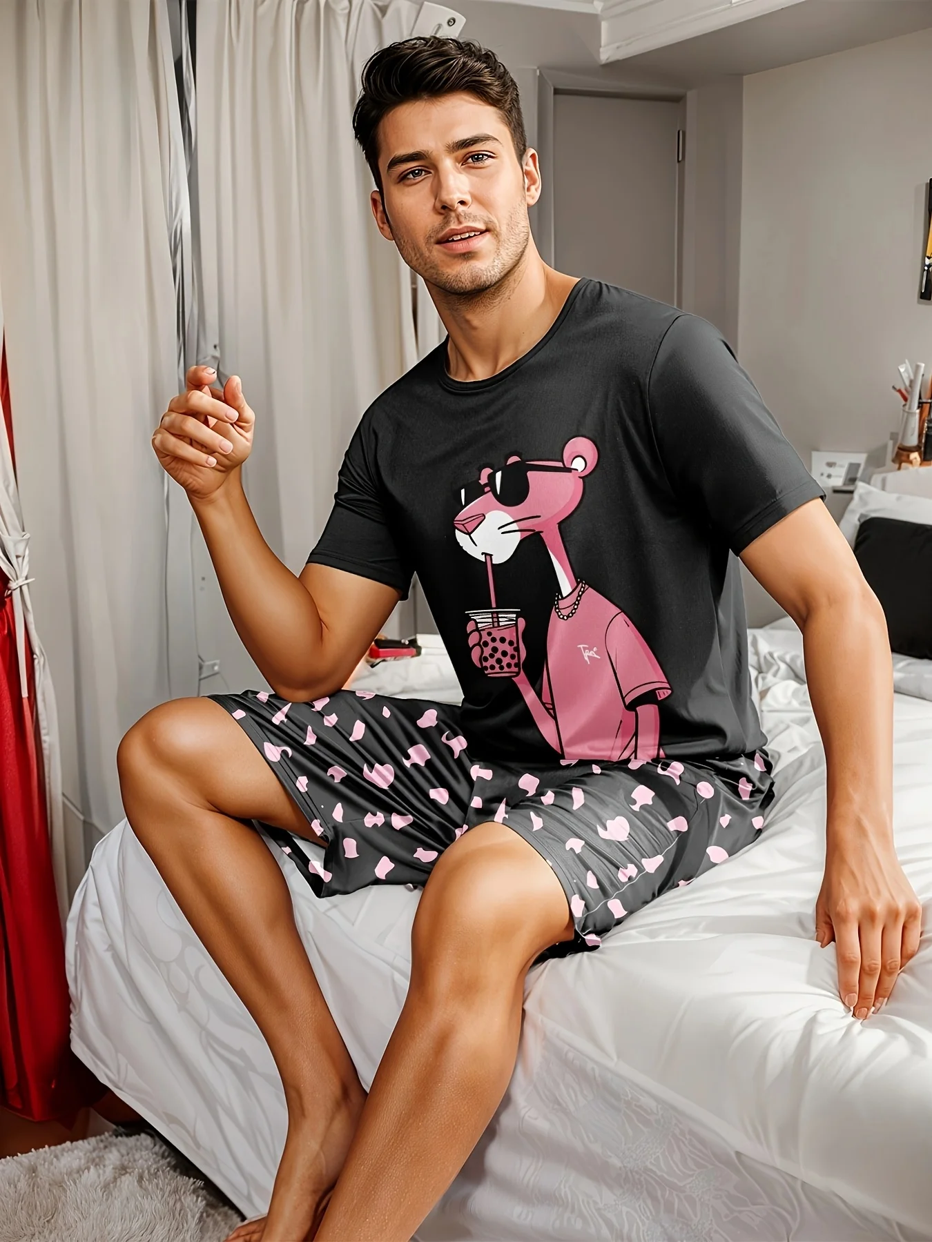 

Men's casual pajama set, leopard-print T-shirt and shorts, comfortable summer sleepwear