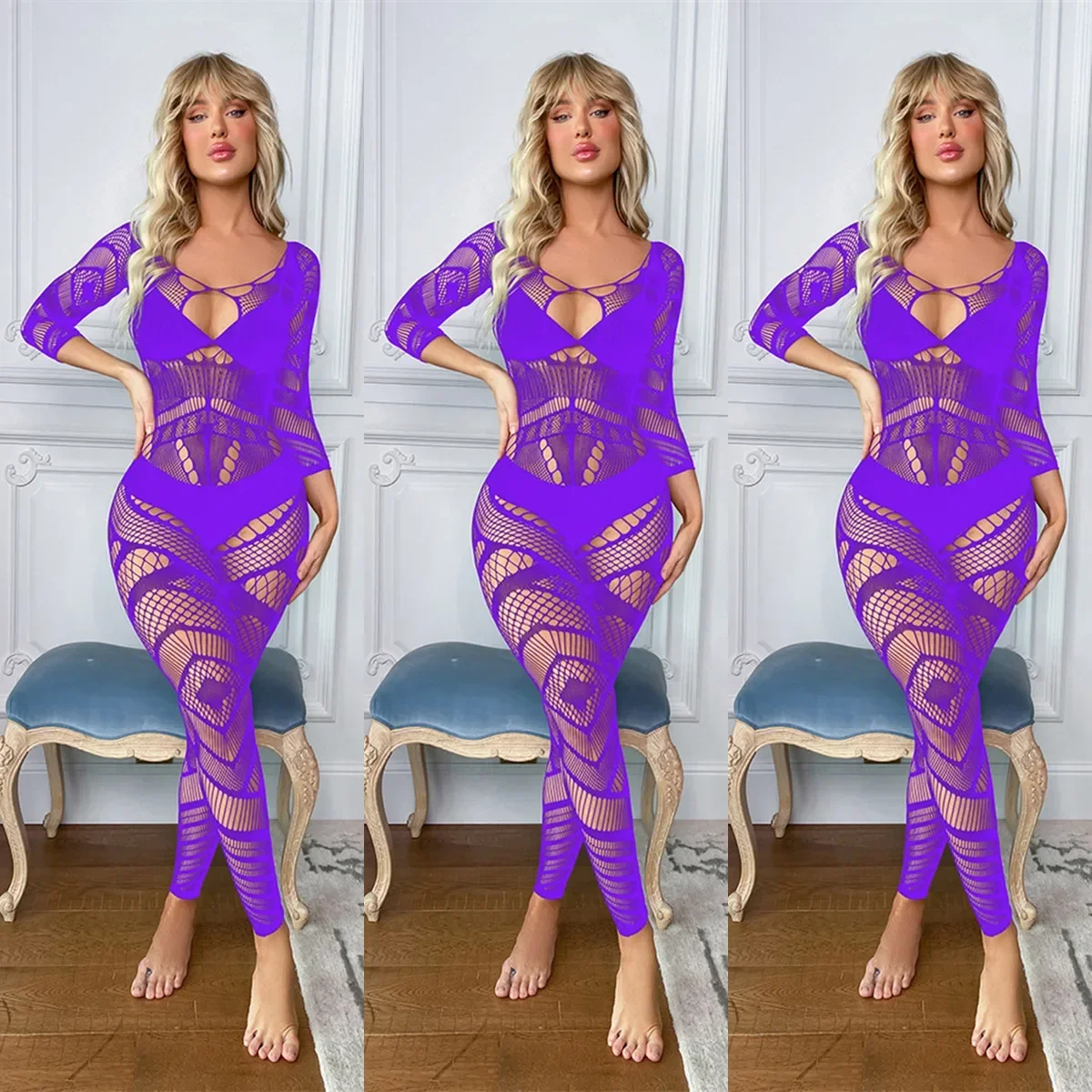 

Сексуальный женский горячий боди, черный шелковый ажурный ажурный чулок для тела, прозрачная пижама с длинными рукавами и открытой промежностью, цельная пижама для всего тела