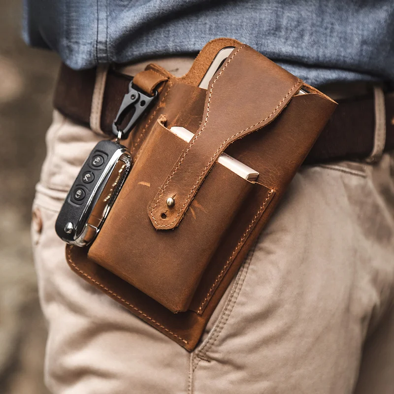 Men's Retro Wild Horse Leather Phone Bag Belt for Men High-end Leather Outdoor Sports Tactical Belt Bag