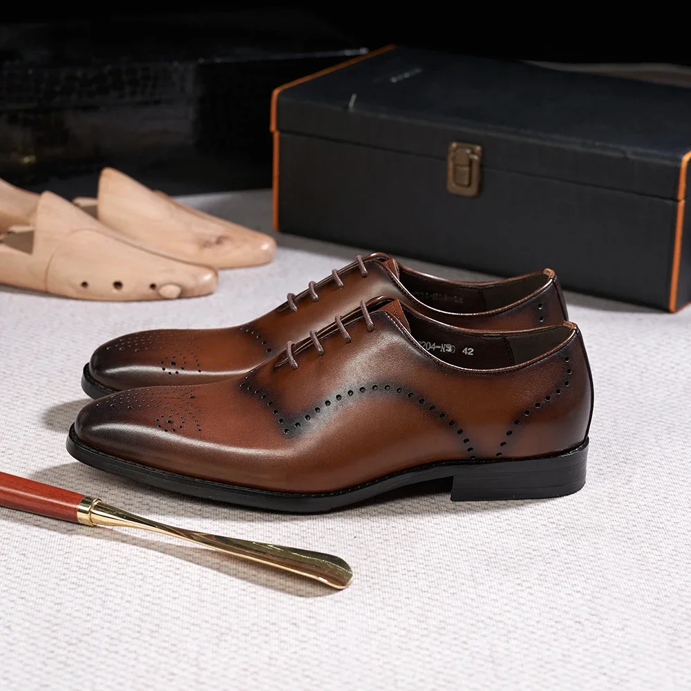 Italian Brogue Men\'s Oxfords Genuine Leather Lace-Up Formal Dress Shoes for Wedding Party Office Classic Male Shoe