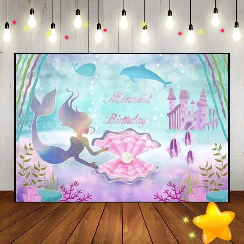 Under The Sea Mermaid Cartoon Background Custom Birthday Backdrop Girl Photography Backdrops Princess Photo Decoration Party