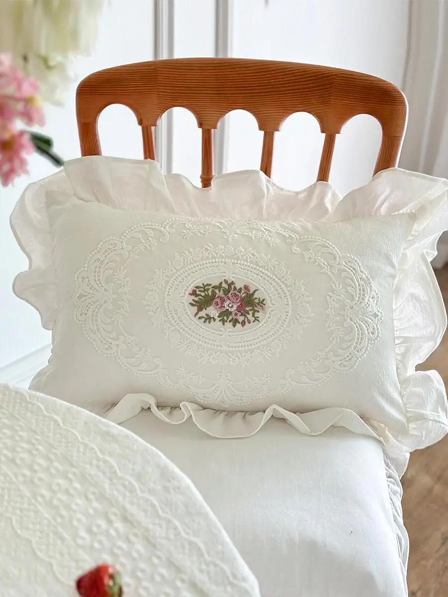 

1pc Floral Embroidered Ruffle Trim Cushion Cover Without Filler, Modern Embroidered Design Decorative Cushion Cover For Bed, Sof